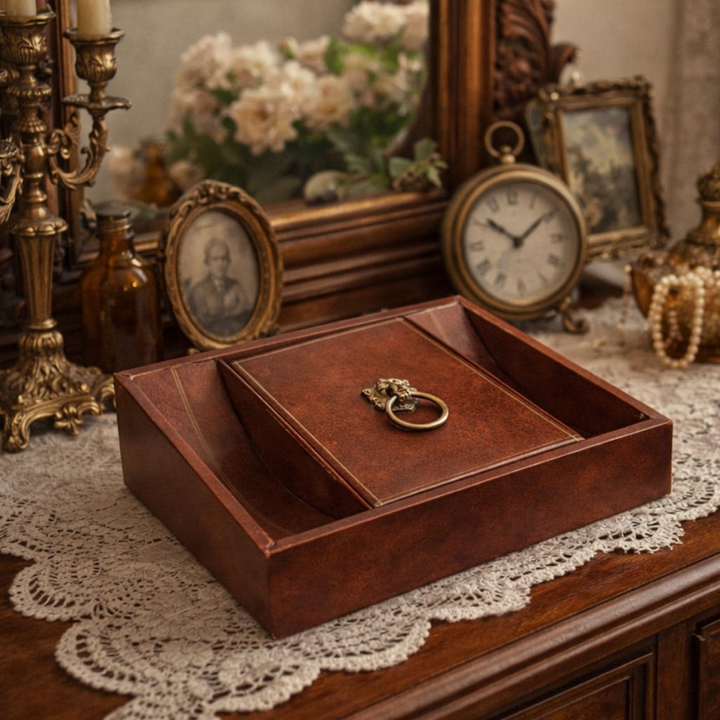 Vintage Leather Jewelry Box W Brass Lion